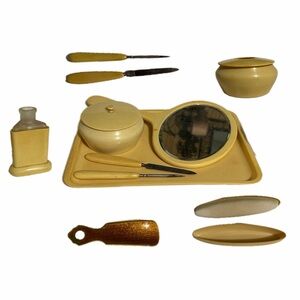 Vintage Celluloid Dresser Set Tray Mirror Hair Receiver Powder everything shown!
